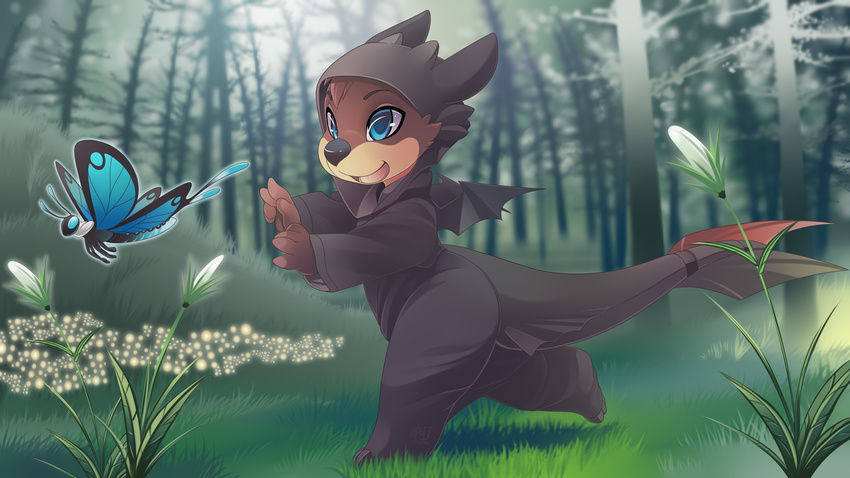 16:9 2015 5_fingers ambiguous_gender anthro arthropod black_nose blue_eyes blue_morpho brown_body brown_fur brown_hair butterfly cheek_tuft clothing cosplay costume detailed_background dreamworks facial_tuft fingers flower forest fudge_the_otter fur grass hair how_to_train_your_dragon insect_wings insects kigurumi lepidopteran lepidopteran_wings male mammal membrane_(anatomy) membranous_wings mustelid onesie open_mouth otter outside plant rudragon side_view solo tail toothless toothless_kigurumi tree tuft widescreen wings young young_anthro young_male