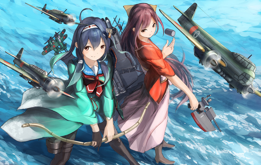 2girls aircraft airplane blue_hair boots bow_(weapon) brown_eyes brown_hair commentary_request doraxi japanese_clothes kamikaze_(kancolle) kantai_collection long_hair meiji_schoolgirl_uniform multiple_girls photoshop_(medium) red_eyes ryuuhou_(kancolle) taigei_(kancolle) weapon