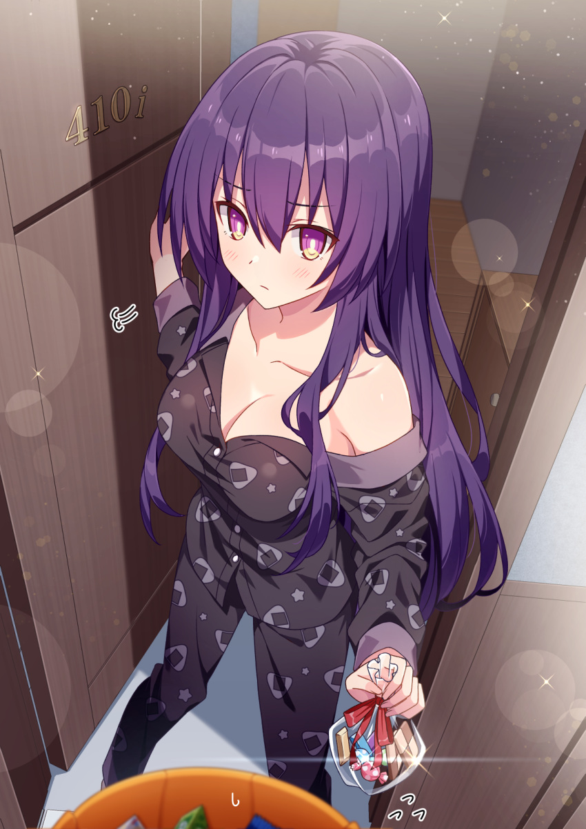 1other bag black_pants black_shirt breasts bright_pupils cleavage closed_mouth collarbone commentary_request commission date_a_live doorway female flying_sweatdrops hair_between_eyes highres holding holding_bag large_breasts looking_at_viewer off_shoulder onigiri_print pajamas pants pov purple_eyes purple_hair shirt skeb_commission standing t@ke-g white_pupils yatogami_tenka