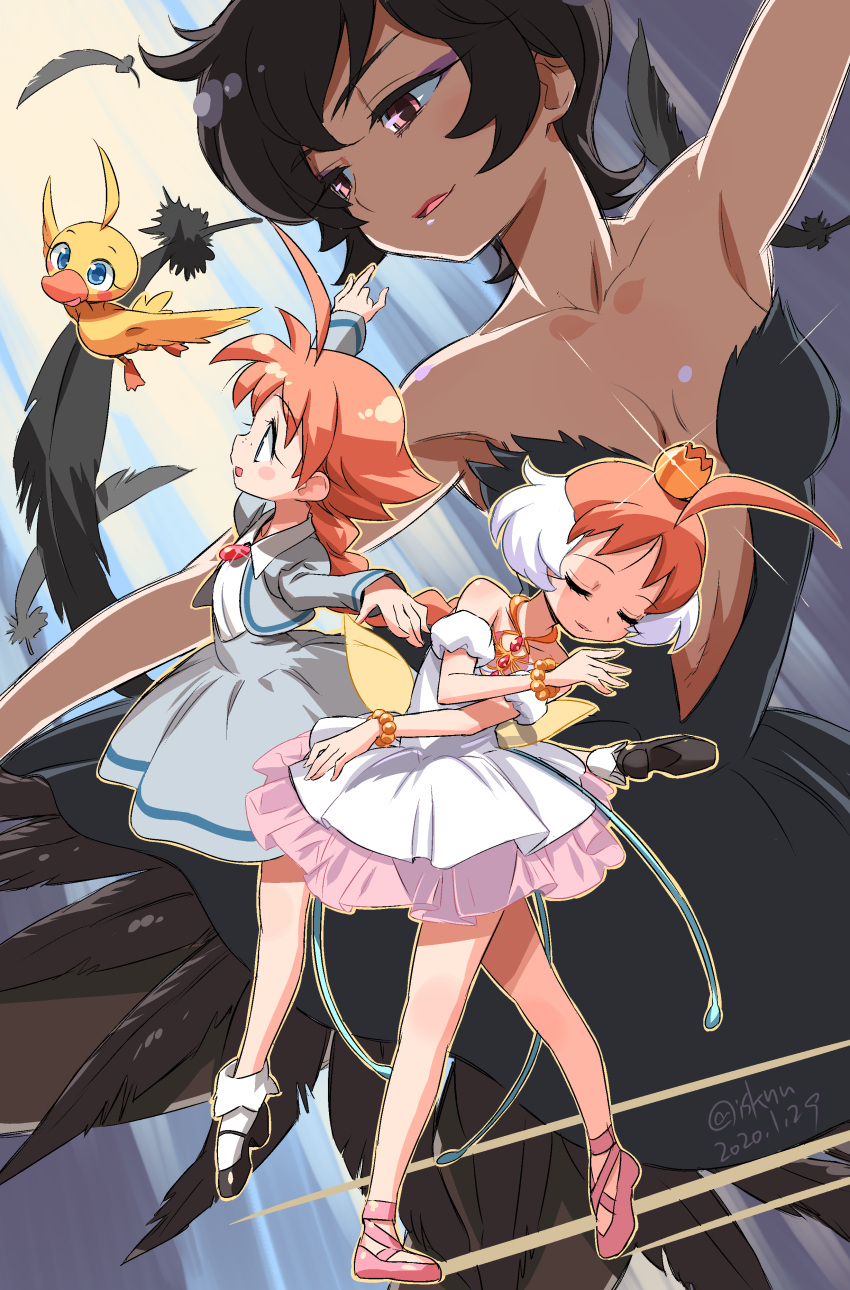 2girls absurdres ahiru_(princess_tutu) ahoge ballerina ballet ballet_slippers bare_shoulders bird black_hair blush_stickers crown dated dress duck full_body highres isedaichi_ken jewelry long_hair multiple_girls necklace open_mouth orange_hair pantyhose princess_tutu princess_tutu_(character) rue_(princess_tutu) short_hair smile tutu