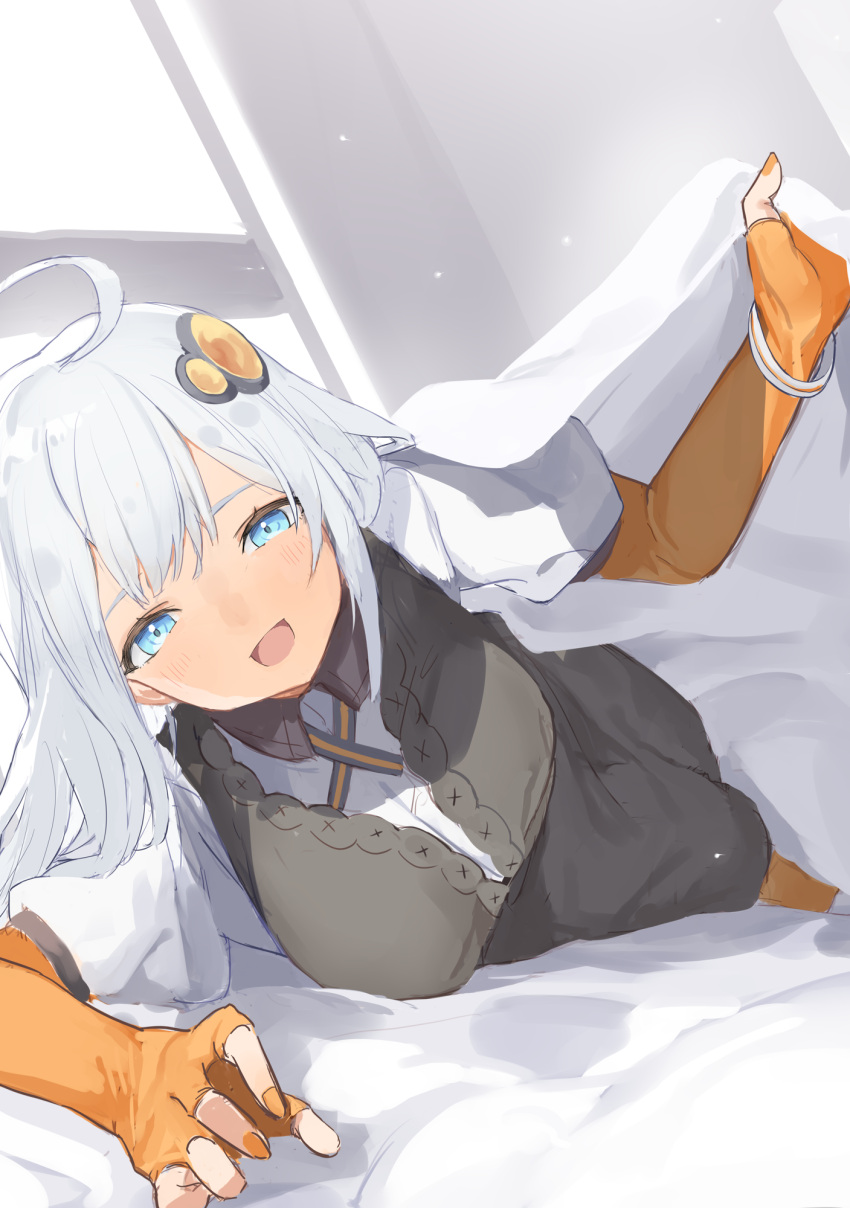 ahoge bed bed_invitation black_dress blanket blue_eyes bracelet breasts collared_shirt dress elbow_gloves female gloves hand_up highres indoors jewelry kizuna_akari large_breasts long_hair looking_at_viewer lying on_bed on_stomach open_mouth orange_gloves orange_nails pocche-ex puffy_short_sleeves puffy_sleeves shirt short_sleeves smile solo under_covers voiceroid white_hair