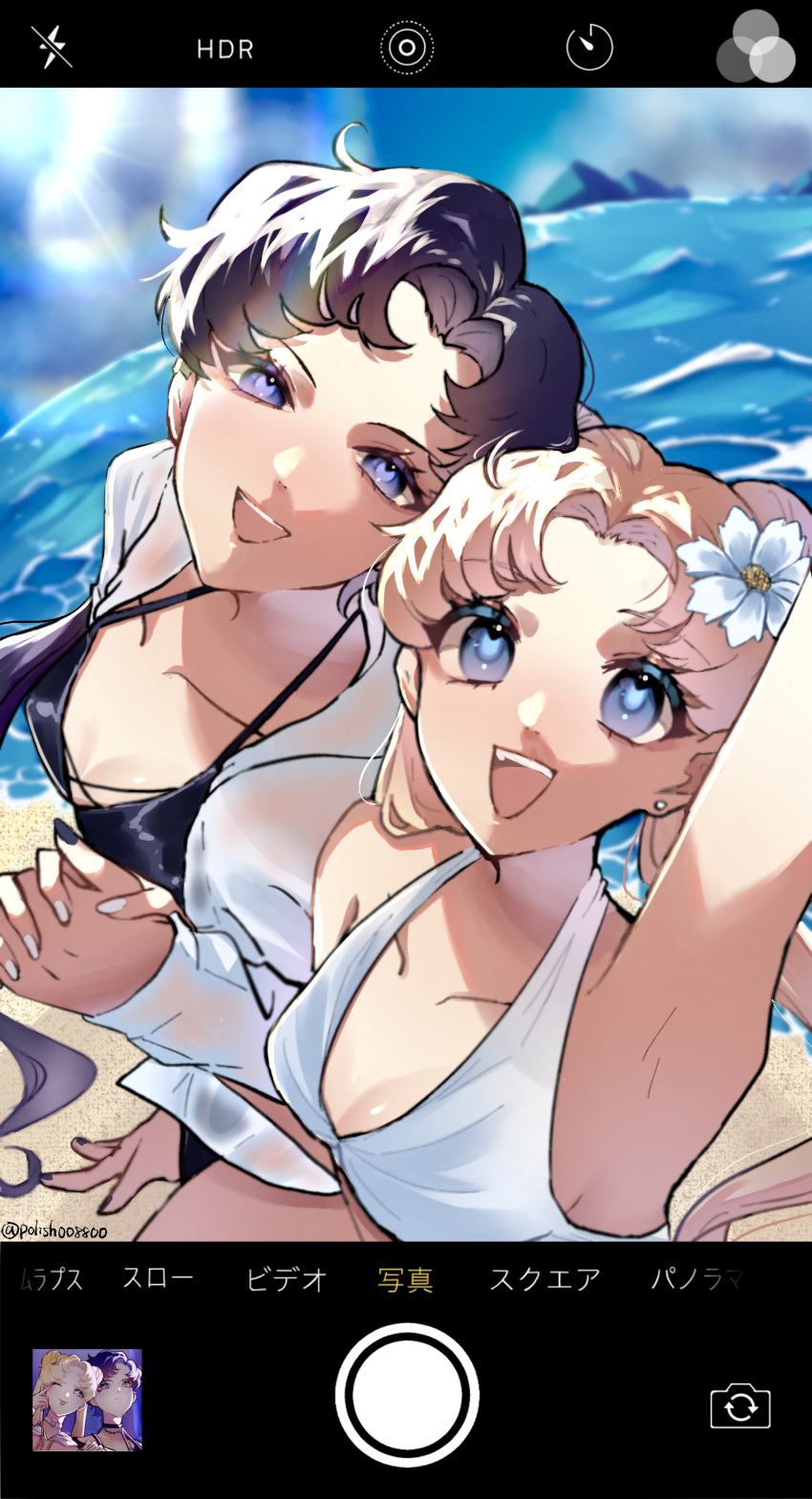 2girls absurdres beach bishoujo_senshi_sailor_moon black_hair blonde_hair blue_eyes breasts cellphone_display cleavage double_bun earrings flower hair_bun hair_flower hair_ornament heart heart-shaped_pupils highres hill holding_hands jewelry multiple_girls polish008800 purple_eyes seiya_kou small_breasts smile stud_earrings symbol-shaped_pupils tagme tsukino_usagi