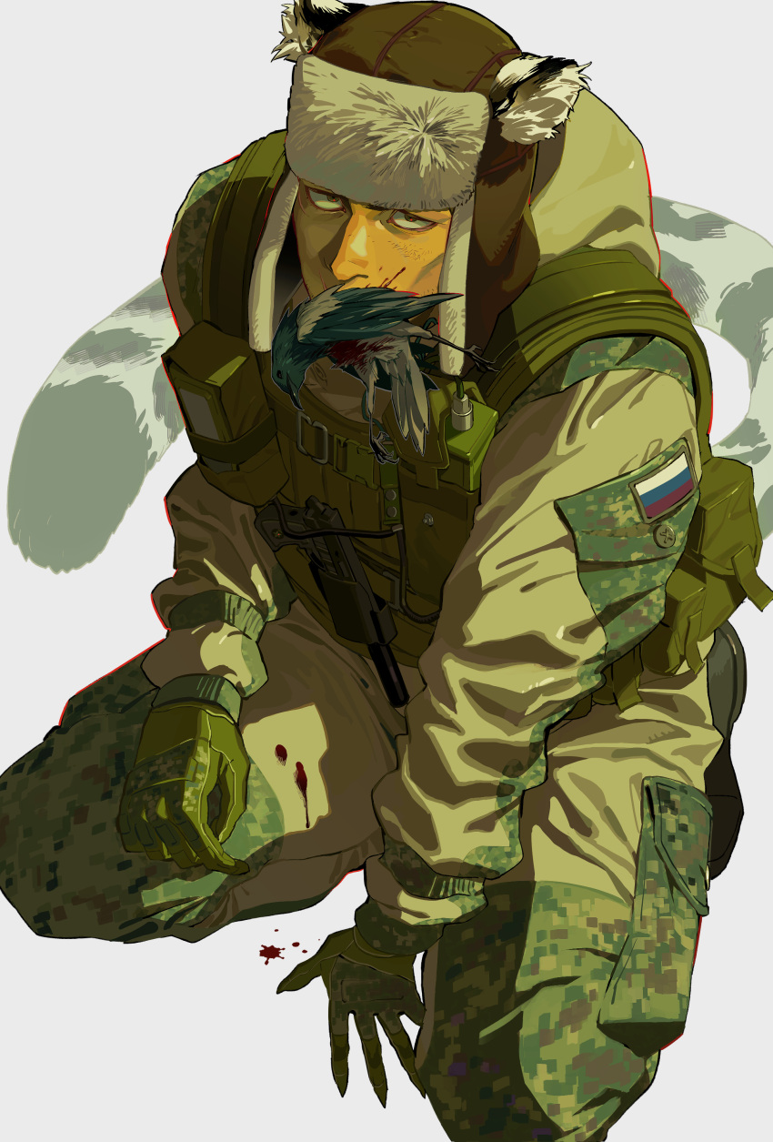 1boy absurdres ammunition_pouch animal_ear_fluff animal_ears belt bird black_bird blood blood_on_clothes blood_on_face buckle bulletproof_vest camouflage camouflage_pants chest_belt claws dead_animal fur_hat fuze_(rainbow_six_siege) gloves green_gloves green_jacket gun hamzraider handgun hat highres holster holstered jacket kemonomimi_mode kneeling long_sleeves looking_at_viewer male_focus pants pouch rainbow_six_siege red_eyes russian_flag simple_background snap-fit_buckle snow_leopard_ears snow_leopard_tail tactical_clothes tail thigh_pouch ushanka vest weapon white_background