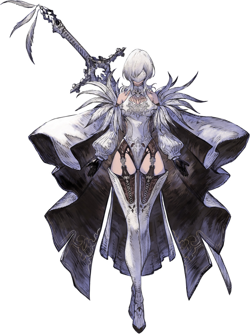 10h_(nier_reincarnation) black_garter_straps black_gloves black_thighhighs blindfold boots breasts cape closed_mouth clothing_cutout crossed_legs facing_viewer feather-trimmed_sleeves female full_body garter_straps gloves high_heel_boots high_heels highres leotard long_sleeves medium_breasts medium_hair nier_(series) nier_reincarnation official_alternate_costume official_art puffy_long_sleeves puffy_sleeves shoulder_cutout simple_background solo standing straight-on sword sword_behind_back tachi-e thigh_boots thighhighs thighhighs_under_boots third-party_source transparent_background two-sided_cape two-sided_fabric watson_cross weapon white_blindfold white_cape white_footwear white_hair white_leotard wolf_cut