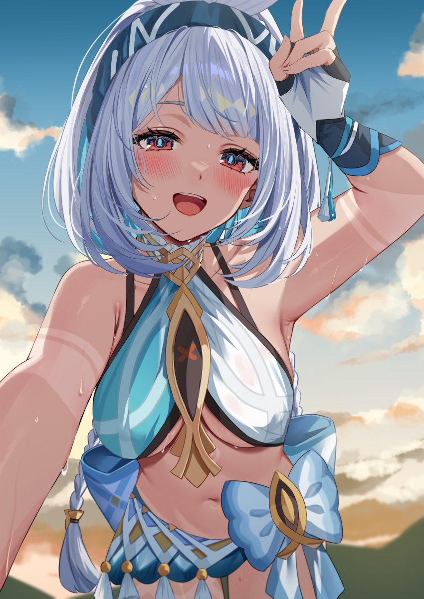 :d armpit_crease bandeau bare_shoulders blue_bandeau blue_hair blue_hairband blue_pupils blush body_markings breasts cloud cloudy_sky collarbone commentary dark-skinned_female dark_skin female genshin_impact hairband highres hizuki_higure large_breasts looking_at_viewer medium_hair mualani_(genshin_impact) navel open_mouth outdoors paid_reward_available red_eyes sky smile solo stomach teeth underboob upper_teeth_only v wet