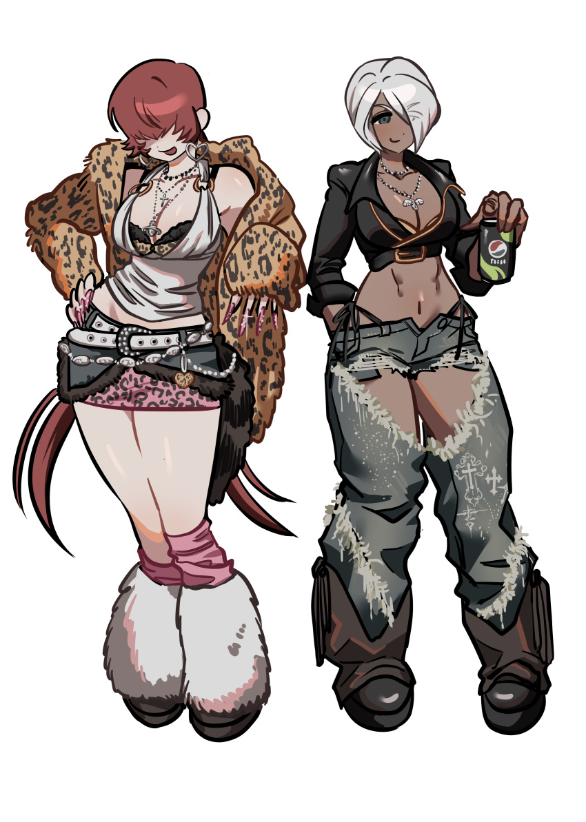 2girls absurdres angel_(kof) animal_print bare_shoulders blue_eyes boots bra breasts can cleavage coat cowboy_boots crop_top cropped_jacket dark-skinned_female dark_skin denim drink_can ear_piercing earrings fake_nails gyaru hair_over_one_eye highres holding holding_can jacket jewelry large_breasts leather leather_jacket leopard_print long_hair looking_at_viewer loose_socks midriff multiple_girls nail_polish nakedguard102 navel necklace pants pepsi piercing shermie_(kof) short_hair smile snk socks soda_can strapless strapless_bra the_king_of_fighters toned toned_female torn_clothes torn_pants underwear white_hair