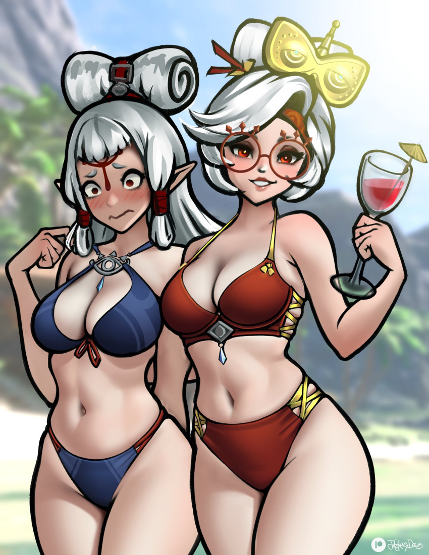 2girls bare_shoulders beach bikini blue_bikini blue_sky blurry blurry_background blush breasts brown_eyeshadow cleavage cocktail_umbrella cup day drink drinking_glass embarrassed eyeshadow eyewear_on_head facial_mark forehead_mark front-tie_bikini_top front-tie_top glasses goggles goggles_on_head grey_hair hair_bun hair_ornament hair_stick hairpin headgear highres hime_cut hourglass jackary large_breasts light_blush long_hair looking_at_viewer makeup medium_breasts midriff multiple_girls navel outdoors parted_lips patreon_logo patreon_username paya_(zelda) pointy_ears purah red-framed_eyewear red_bikini red_eyes sand seductive_smile sheikah short_hair sidelocks sky smile sun sunlight swimsuit the_legend_of_zelda the_legend_of_zelda:_tears_of_the_kingdom thighs tree watermark web_address white_hair wine_glass