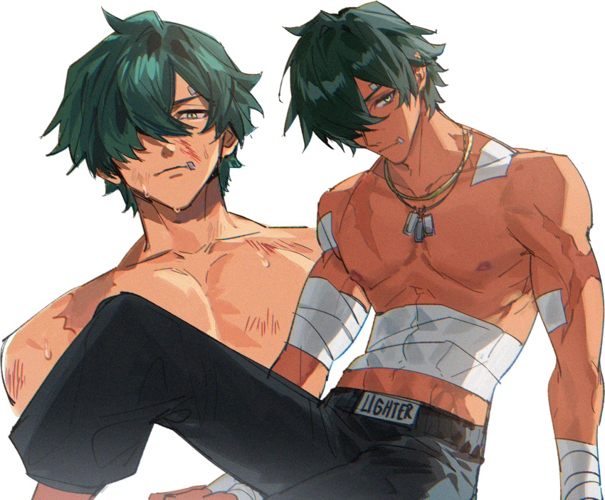 1boy abs bandaged_arm bandaged_torso bandages bandaid bandaid_on_arm bandaid_on_face bandaid_on_shoulder black_pants blue_hair character_name closed_mouth collarbone commentary crossed_bangs dog_tags english_commentary frown hair_intakes hair_over_one_eye highres jewelry kaohom503 knee_up lighter_(zenless_zone_zero) looking_at_viewer male_focus multiple_views necklace nipples one_eye_covered pants parted_bangs pectorals scar scar_on_arm scar_on_shoulder short_hair simple_background sitting sweat topless_male upper_body white_background yellow_eyes zenless_zone_zero