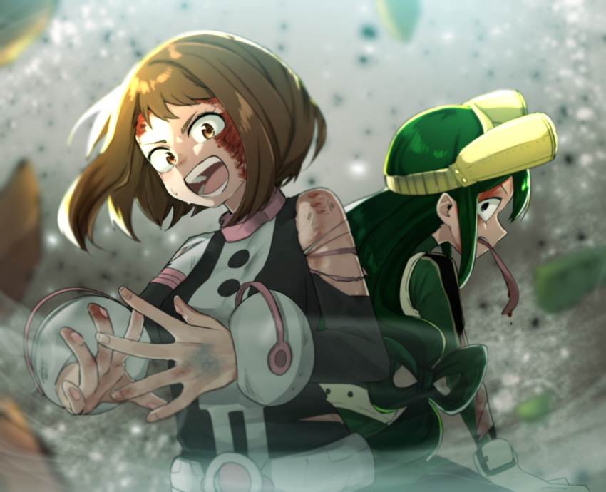 2girls asui_tsuyu black_eyes blood blood_on_hands boku_no_hero_academia breasts brown_eyes brown_hair bruise burnt commentary_request gloves goggles goggles_on_head green_hair hair_rings injury long_hair long_tongue low-tied_long_hair medium_breasts multiple_girls superhero_costume tongue tongue_out torn_clothes uraraka_ochako white_gloves wind yuama