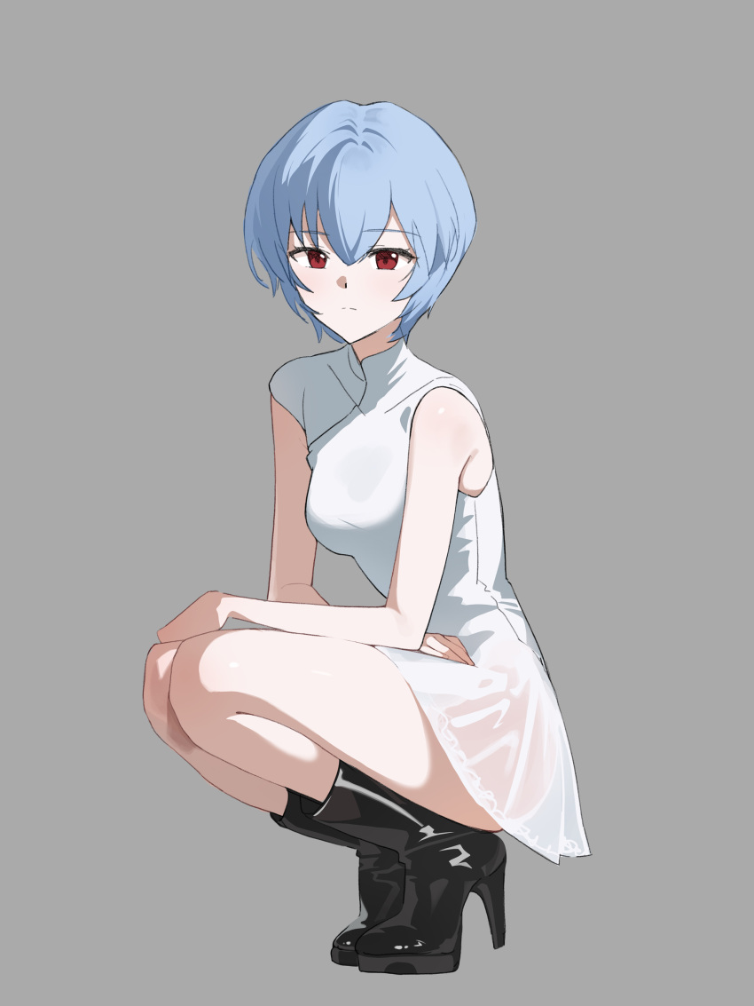 absurdres ayanami_rei black_footwear blue_hair breasts closed_mouth dress evangelion:_1.0_you_are_(not)_alone evangelion:_2.0_you_can_(not)_advance evangelion:_3.0+1.0_thrice_upon_a_time evangelion:_3.0_you_can_(not)_redo female gainax hair_between_eyes high_heels highres legs_together looking_at_viewer medium_breasts neon_genesis_evangelion pale_skin rebuild_of_evangelion red_eyes see-through_clothes short_hair sidelocks simple_background sleeveless solo squatting the_end_of_evangelion thighs uz_(uzru0428)