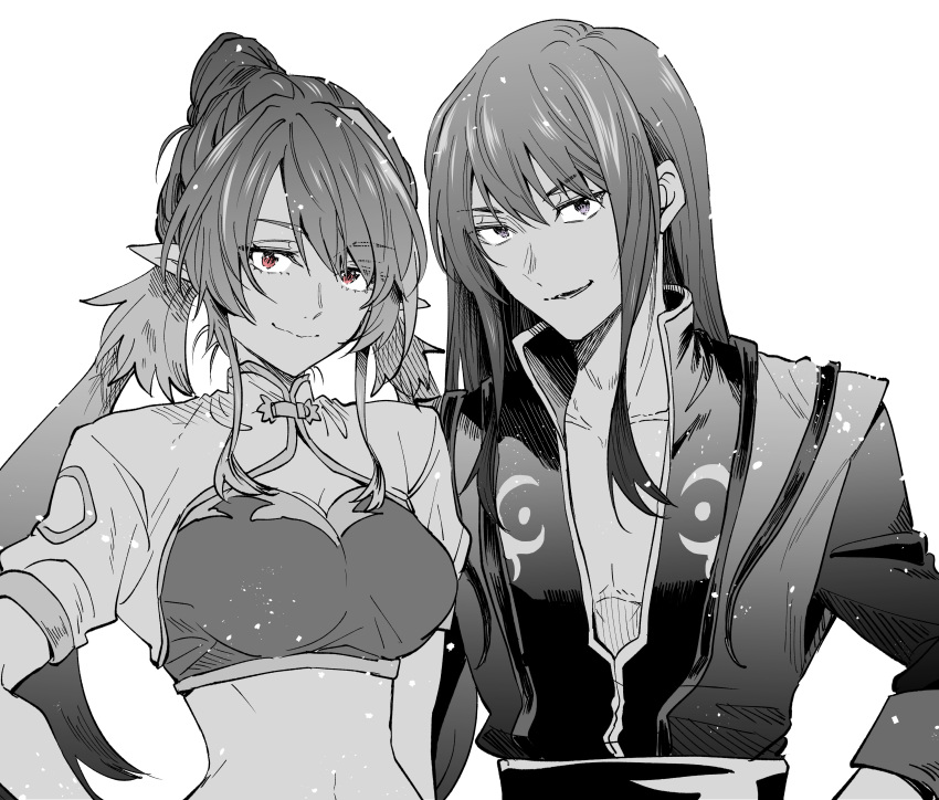 1boy absurdres breasts closed_mouth female greyscale highres judith_(tales) kudou_makoto long_hair looking_at_viewer midriff monochrome navel pointy_ears red_eyes simple_background smile spot_color tales_of_(series) tales_of_vesperia white_background yuri_lowell