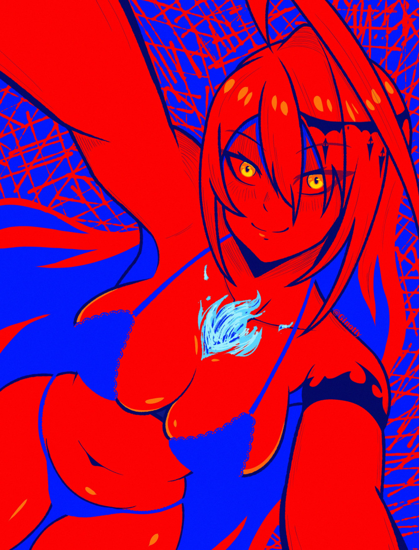 absurdres blush bra breasts cleavage elizabeth_rose_bloodflame female fire ginotty hair_between_eyes highres hololive hololive_english long_hair panties red_theme smile solo underwear virtual_youtuber yellow_eyes