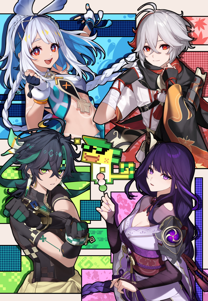 2boys 2girls absurdres braid breasts bridal_gauntlets cleavage ebibi_chiriri flower genshin_impact hair_between_eyes hair_ornament highres japanese_clothes kaedehara_kazuha kimono kinich_(genshin_impact) long_hair looking_at_viewer low-braided_long_hair low-tied_long_hair mole mole_under_eye mualani_(genshin_impact) multicolored_hair multiple_boys multiple_girls obiage obijime purple_eyes purple_hair purple_kimono purple_nails raiden_shogun red_eyes red_hair sash second-party_source streaked_hair very_long_hair white_hair