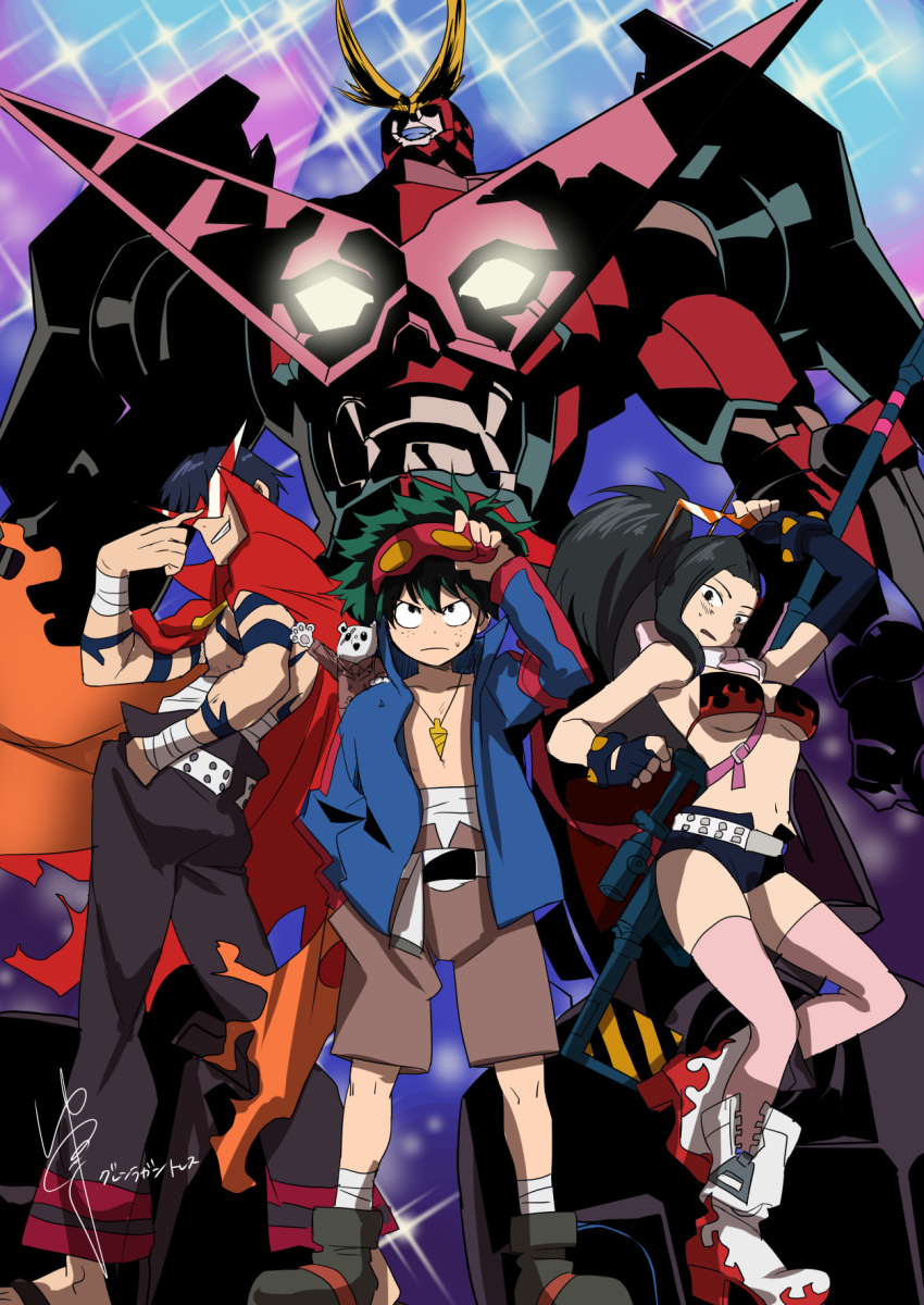 adjusting_eyewear all_might bikini bikini_top_only black_pants boku_no_hero_academia boots cape commentary_request cosplay frown gurren-lagann gurren-lagann_(cosplay) highres iida_tenya jewelry kamina_(ttgl) kamina_(ttgl)_(cosplay) kamina_shades long_hair mecha midoriya_izuku midriff_sarashi necklace pants pink_theme ponytail red_cape robot sarashi serious signature simon_(ttgl) simon_(ttgl)_(cosplay) sparkle_background swimsuit tengen_toppa_gurren_lagann topless_male yaoyorozu_momo yoko_littner yoko_littner_(cosplay) yuama