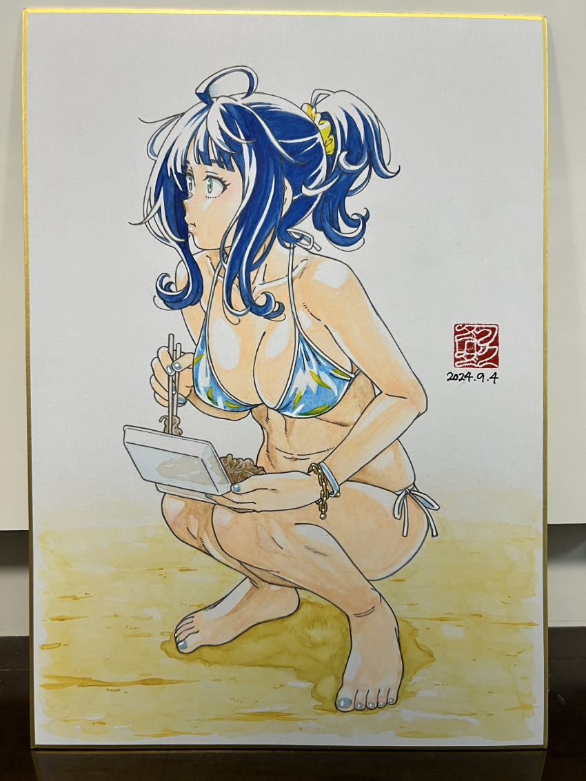 ahoge barefoot bikini blue_bikini blue_eyes blue_hair blue_nails bracelet breasts chopsticks cleavage closed_mouth collarbone dated feet female fukudahda full_body hair_ornament hair_scrunchie high_ponytail highres holding holding_chopsticks jewelry large_breasts make_heroine_ga_oo_sugiru! medium_hair multiple_bracelets nail_polish photo_(medium) print_bikini profile scrunchie side-tie_bikini_bottom signature solo squatting string_bikini swimsuit toenail_polish toenails toes traditional_media yakisoba yanami_anna yellow_scrunchie