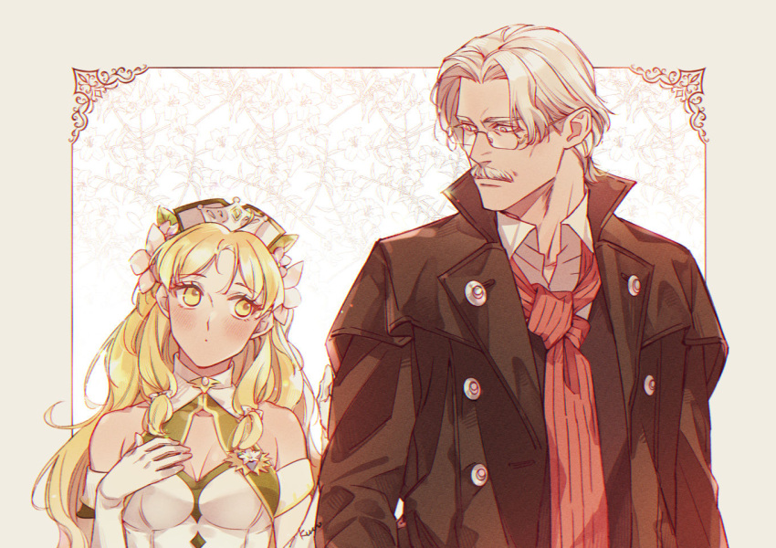 1boy atelier_(series) atelier_ayesha atelier_resleriana ayesha_altugle ayesha_altugle_(noble_flower) bare_shoulders black_jacket blonde_hair breasts cleavage closed_mouth collared_shirt commentary_request facial_hair female flower glasses gloves grey_hair hair_flower hair_ornament hand_up height_difference jacket keithgriff_hazeldine kuroo_(k_r_oo) long_hair looking_at_another moustache official_alternate_costume old old_man shirt short_hair upper_body white_gloves yellow_eyes