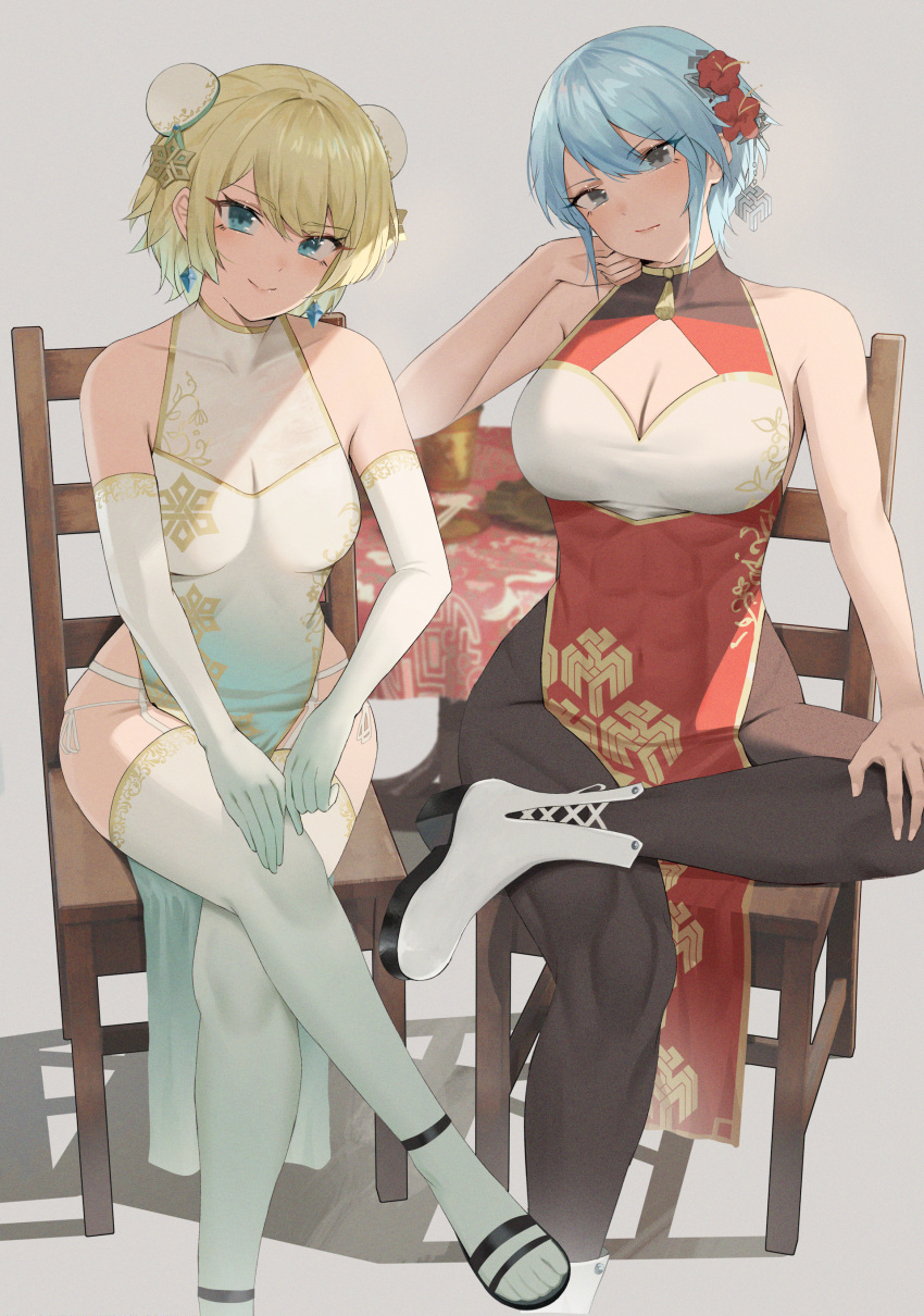 2girls absurdres black_pantyhose blonde_hair blue_eyes blue_hair boots breasts bun_cover china_dress chinese_clothes cleavage cleavage_cutout closed_mouth clothing_cutout commentary commission dagr_(fire_emblem) double_bun dress elbow_gloves english_commentary fire_emblem fire_emblem_heroes fjorm_(fire_emblem) flower gloves gradient_hair grey_background grey_eyes hair_bun hair_flower hair_ornament highres jewelry knee_boots large_breasts looking_at_viewer multicolored_hair multiple_girls nvl on_chair pantyhose red_dress second-party_source shadow short_hair simple_background sitting smile thighhighs white_dress white_footwear white_gloves white_thighhighs wooden_chair