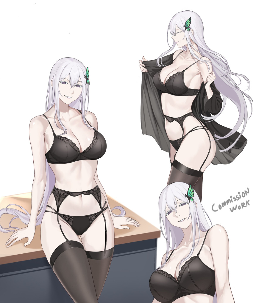 bare_shoulders black_bra black_panties black_thighhighs bra breasts bug butterfly butterfly_hair_ornament cleavage closed_eyes closed_mouth colored_eyelashes contemporary desk echidna_(re:zero) english_text female garter_belt garter_straps green_butterfly hair_between_eyes hair_ornament highres large_breasts lingerie long_hair looking_at_viewer on_desk open_mouth panties re:zero_kara_hajimeru_isekai_seikatsu reclining removing_jacket seilindekos smile thighhighs underwear white_background white_hair