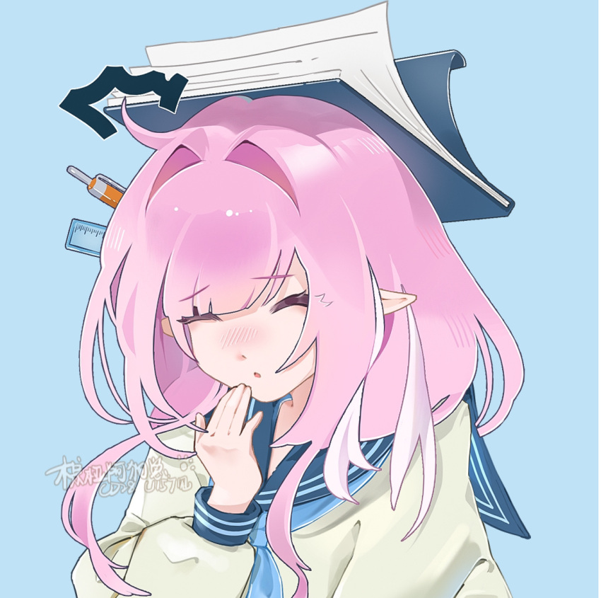 ^_^ blue_background blue_neckerchief blue_sailor_collar book book_on_head closed_eyes elysia_(honkai_impact) hair_intakes hand_up honkai_(series) honkai_impact_3rd long_sleeves neckerchief object_on_head parted_lips pink_hair pointy_ears sailor_collar school_uniform serafuku simple_background thoyadoggy upper_body