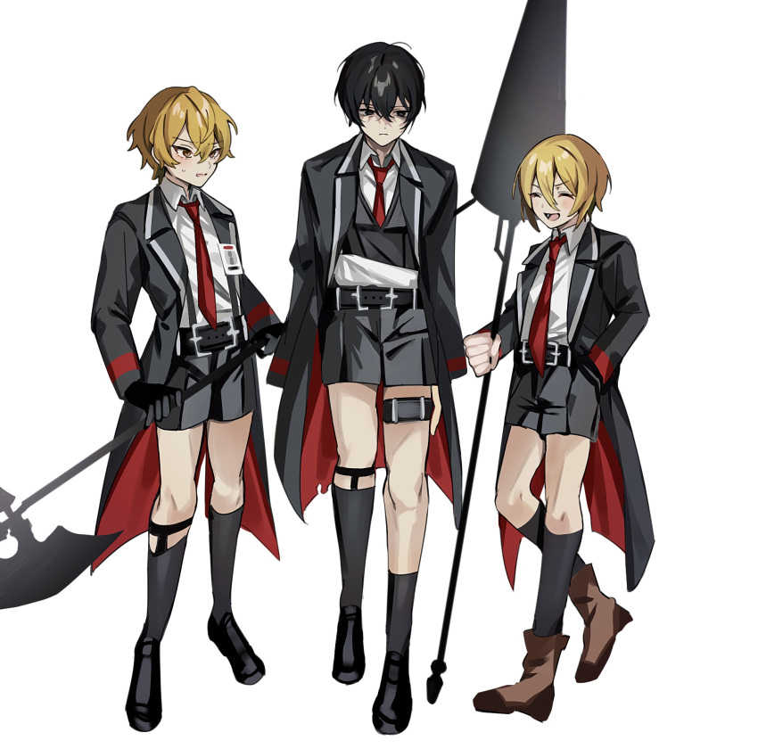 2boys belt black_belt black_coat black_eyes black_footwear black_hair black_shorts black_socks black_vest blonde_hair brown_eyes brown_footwear closed_eyes coat collared_shirt commentary_request don_quixote_(project_moon) female hair_between_eyes halberd hand_in_pocket highres holding holding_polearm holding_weapon lance limbus_company long_sleeves mu46016419 multiple_boys necktie open_clothes open_coat open_mouth polearm project_moon red_necktie shirt short_hair shorts sinclair_(project_moon) smile socks sweat vest weapon white_background white_shirt yi_sang_(project_moon)