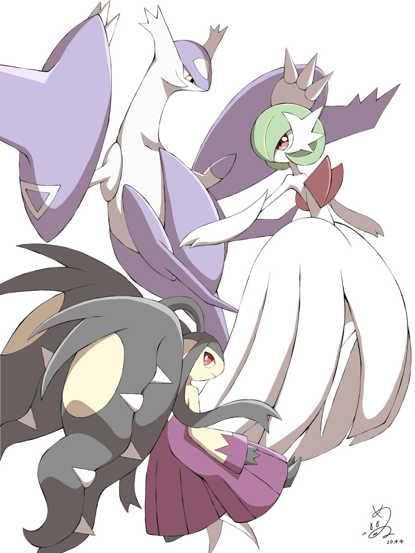 2others claws closed_mouth commentary dated gardevoir highres latias looking_back mawile mega_gardevoir mega_latias mega_mawile mega_pokemon multiple_others outstretched_arms pokemon pokemon_(creature) red_eyes shabana_may signature white_background yellow_eyes