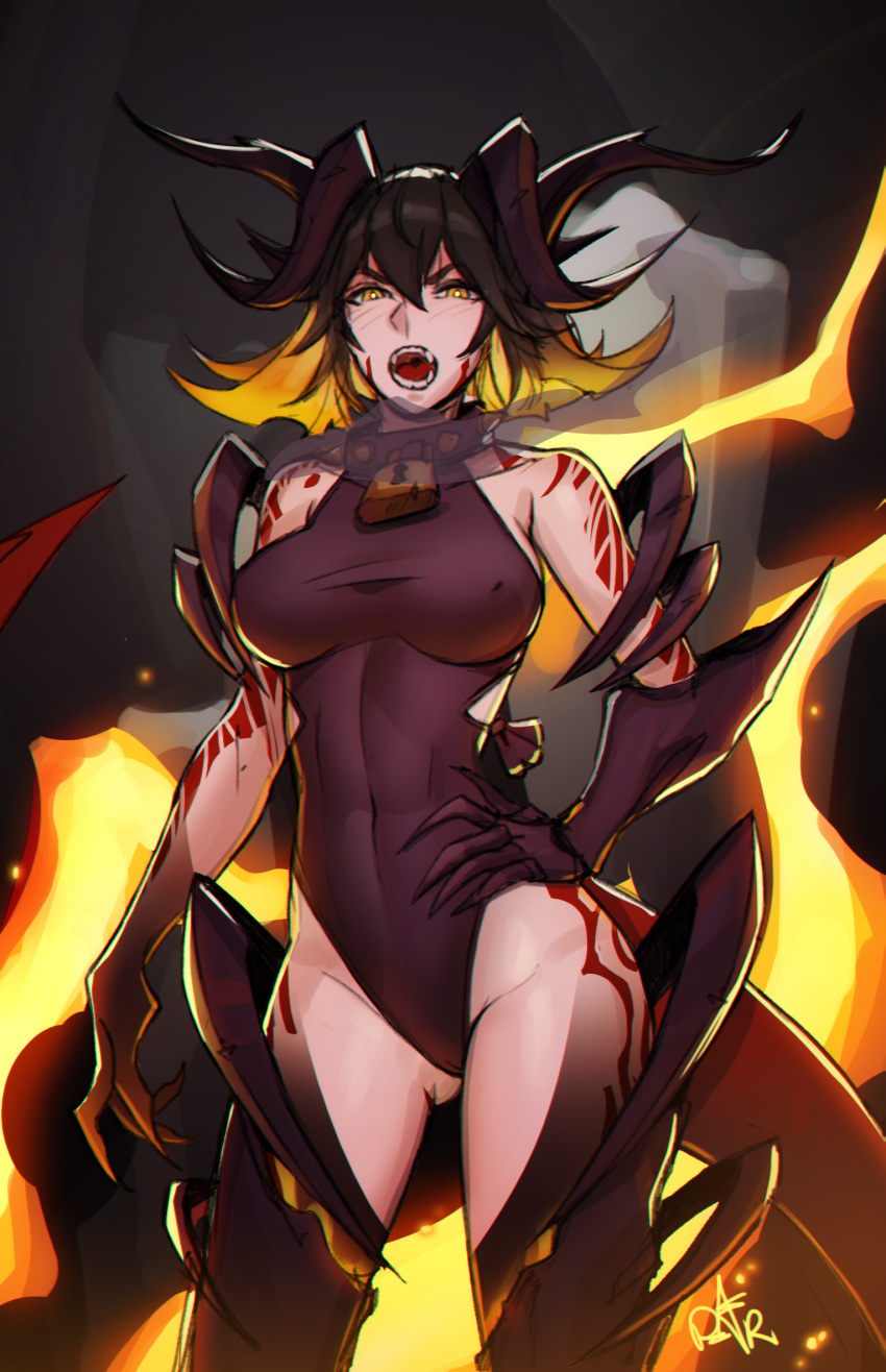 ass_visible_through_thighs black_dragon_girl_(distr) black_hair black_thighhighs blonde_hair breasts brown_leotard covered_nipples distr dragon_horns dragon_tail female fire gauntlets hand_on_own_hip highres horns large_breasts leotard looking_at_viewer multicolored_hair multiple_horns open_mouth original solo tail tattoo thighhighs two-tone_hair yellow_eyes