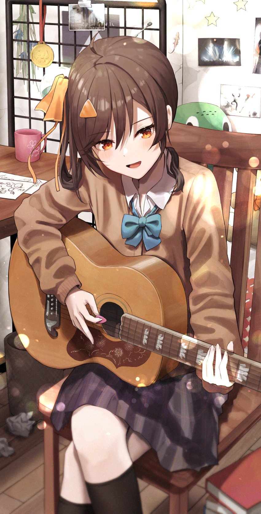 absurdres black_thighhighs blue_bow bow female guitar hair_between_eyes highres indoors instrument long_hair long_sleeves looking_at_viewer nagase_yuka open_mouth riot_music school_uniform shirt sitting skirt smile solo tare_negima thighhighs virtual_youtuber