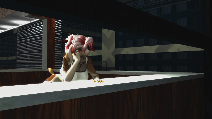 16:9 3d_(artwork) anthro bovid caprine clothed clothing digital_media_(artwork) female fur goat hair head_in_hand hi_res kitchen looking_out_window mammal red_eyes sad simple_background solo topwear viper-desires white_body white_fur widescreen window