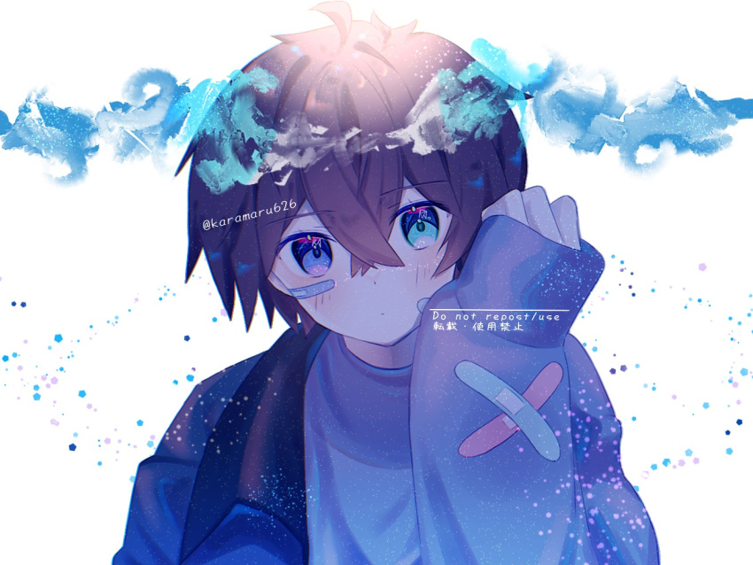 1boy bandaid bandaid_on_clothes bandaid_on_face blue_background blue_eyes blue_jacket blue_shirt blush brown_hair commentary head_rest jacket karamaru626 long_sleeves looking_at_viewer male_focus multicolored_background original shirt solo symbol-only_commentary white_background