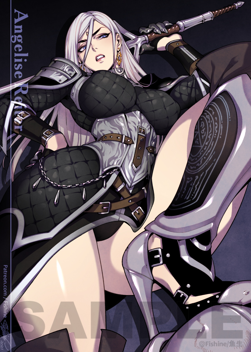 ? angelise_reiter armor artist_name belt breasts chains character_name clenched_teeth commentary commission cowboy_shot english_commentary english_text female femdom final_fantasy final_fantasy_xiv fishine grey_hair hair_between_eyes hand_on_own_hip high_heels highres holding holding_sword holding_weapon knee_up large_breasts lips long_hair looking_at_viewer open_mouth parted_lips patreon_username sample_watermark shoulder_armor solo speech_bubble sword teeth thick_thighs thighs v-shaped_eyebrows warrior_of_light_(ff14) watermark weapon