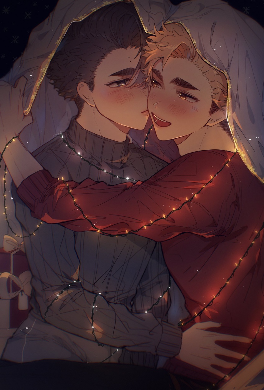 2boys black_hair blush christmas christmas_lights commentary english_commentary haikyuu!! highres hug male_focus miya_atsumu multiple_boys open_mouth sakusa_kiyoomi short_hair string_lights tiffyuumaeda yaoi