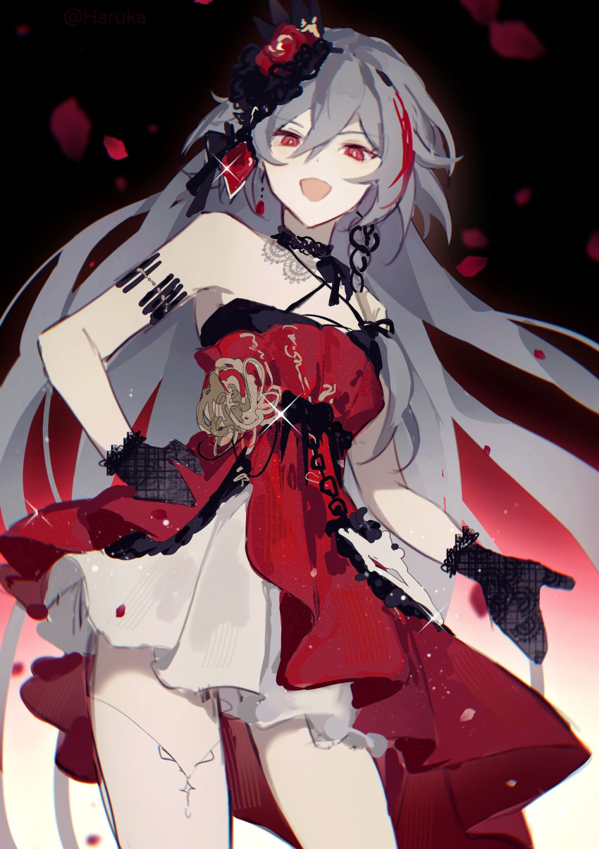 bare_legs bare_shoulders black_choker black_gloves breasts choker dress eyeliner falling_petals female fu_hua fu_hua_(herrscher_of_sentience) fu_hua_(turn_up_the_music!)_(herrscher_of_sentience) gloves grey_hair hair_between_eyes hand_on_own_hip haruka_(rsyaooooo) highres honkai_(series) honkai_impact_3rd long_hair looking_at_viewer makeup multicolored_hair official_alternate_costume on_head open_hand open_mouth petals red_eyeliner red_eyes sleeveless small_breasts solo sparkle streaked_hair very_long_hair white_hair yellow_pupils