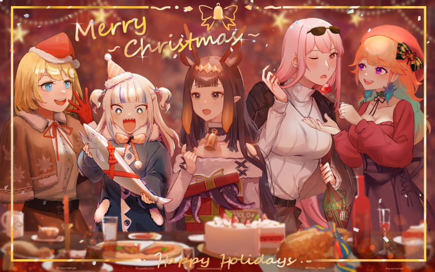 5girls absurdres alternate_costume aneco_(westsea1227) animal_costume antlers bell black_nails blonde_hair blue_eyes blunt_bangs bottle bow breasts buttons cake capelet chicken_(food) christmas christmas_tree cleavage coat coffee_mug collaboration collar cup dress drinking_glass english_text eyewear_on_head feeding fingernails fish food fork fruit fur_collar gawr_gura gift gloves gradient_hair hair_ornament hat highres hololive hololive_english holomyth horns jewelry large_breasts long_hair long_sleeves merry_christmas misu_(miisuuu) mole mole_under_eye mori_calliope mug multicolored_hair multiple_girls nail_polish neck_bell necklace ninomae_ina'nis one_eye_closed open_mouth orange_hair pink_eyes pink_hair pizza pointy_ears purple_eyes purple_hair red_gloves red_nails red_shirt reindeer_antlers reindeer_costume ribbon santa_hat sharp_teeth shirt short_twintails smile sparkling_eyes star_(symbol) strawberry sunglasses sweat sweater table takanashi_kiara teeth tentacle tentacle_hair twintails vincent_wu virtual_youtuber watson_amelia white_shirt wine_bottle yukari_(bryleluansing) yunare