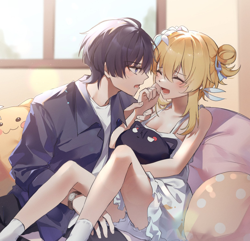 1boy black_hair blonde_hair breasts cleavage closed_eyes couple doll dress female flower genshin_impact hair_flower hair_ornament highres lumine_(genshin_impact) ming4 open_mouth scaramouche_(genshin_impact) short_hair shorts smile straight wanderer_(genshin_impact) white_dress