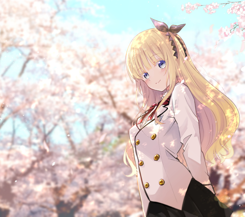 arms_behind_back black_ribbon black_skirt blazer blonde_hair blue_eyes blurry blurry_background blush bow center_frills cherry_blossoms closed_mouth commentary_request dahlia_academy_boarding_school_uniform day depth_of_field female flower frills hair_ribbon highres jacket juliet_persia kishuku_gakkou_no_juliet long_hair long_sleeves natsupa outdoors petals pink_flower pleated_skirt red_bow ribbon school_uniform shirt skirt smile solo standing striped striped_bow tree very_long_hair white_jacket white_shirt