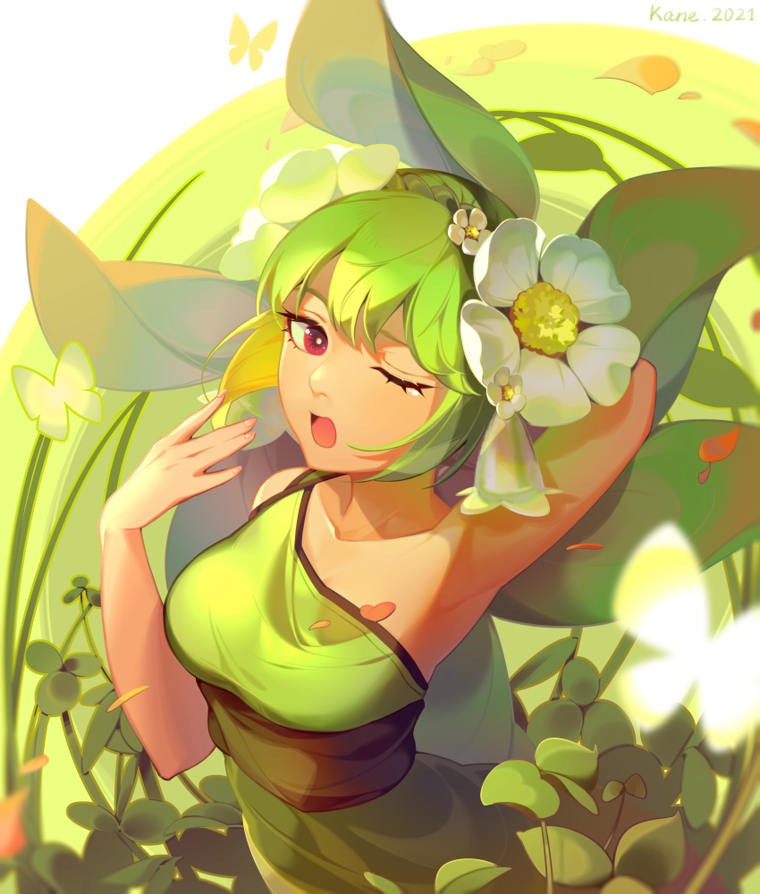 absurdres arm_behind_head artist_name bug butterfly crossed_bangs dress female floral_background flower green_dress green_hair guardian_tales hair_flower hair_ornament hand_up highres kane_5g leaf_fairy_aoba one_eye_closed open_mouth red_eyes short_hair sleeveless