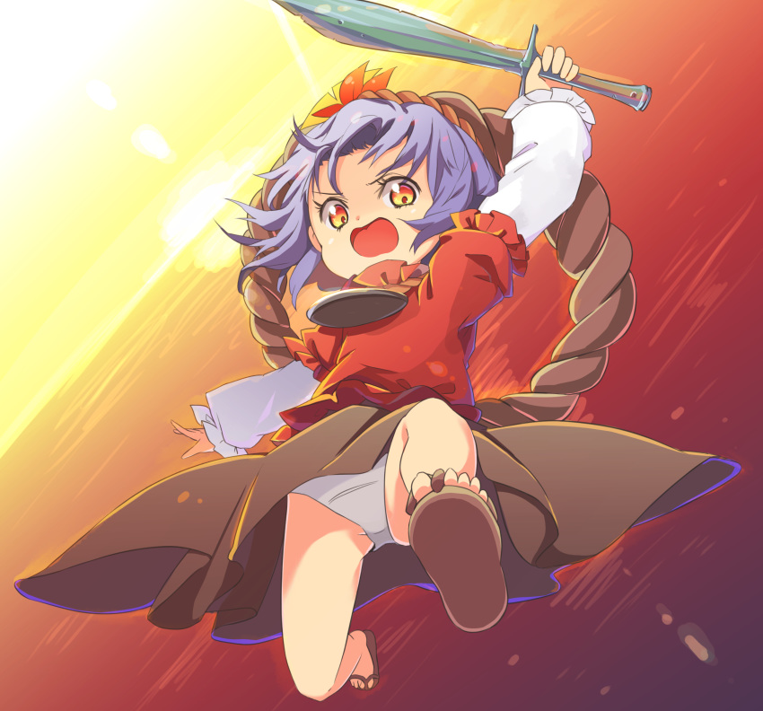 aged_down alternate_eye_color ass_visible_through_thighs attack autumn_leaves backlighting bad_id bad_pixiv_id brown_skirt clothes_lift commentary_request dutch_angle female frilled_sleeves frills frown gradient_eyes gradient_sky highres holding holding_sword holding_weapon jumping layered_clothes lens_flare long_sleeves looking_at_viewer mirror multicolored_eyes no_legwear ocean open_mouth orange_eyes orange_sky panties pantyshot purple_hair red_shirt reflection rope sandals serious shirt short_hair short_sleeves skirt skirt_lift sky solo sunset sword tatuhiro thighs toes touhou underwear weapon white_shirt yasaka_kanako yellow_eyes yellow_sky