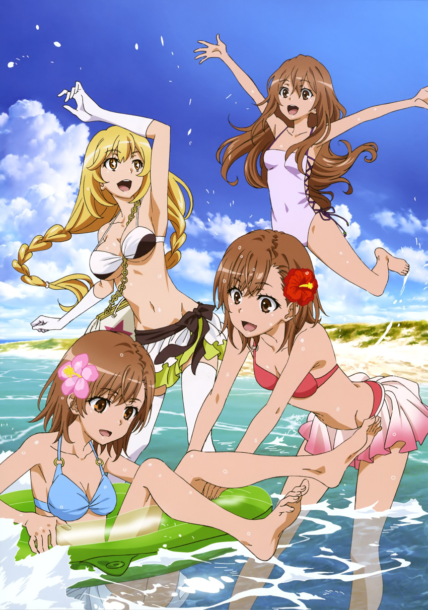 4girls :d absurdres armpits arms_up bag barefoot bikini bikini_skirt blonde_hair blue_bikini blue_sky braid breasts bright_pupils brown_eyes brown_hair casual_one-piece_swimsuit cleavage cloud collarbone day dolly_(toaru_kagaku_no_railgun) elbow_gloves floating_hair flower gloves gradient_skirt groin hagiwara_hiromitsu hair_between_eyes hair_flower hair_ornament halterneck handbag hibiscus highres innertube jumping large_breasts long_hair looking_down medium_breasts medium_hair miniskirt misaka_imouto misaka_mikoto multiple_girls navel o-ring ocean one-piece_swimsuit open_mouth outdoors outstretched_arms pink_flower pink_skirt pleated_skirt purple_ribbon red_bikini red_flower ribbon sakamoto_tetsuya sarong shokuhou_misaki siblings sisters skirt sky small_breasts smile sparkling_eyes standing star-shaped_pupils star_(symbol) straight_hair strap_gap summer swim_ring swimsuit symbol-shaped_pupils thighhighs toaru_kagaku_no_railgun toaru_kagaku_no_railgun_t toaru_majutsu_no_index twin_braids twintails underboob very_long_hair wading white_bikini white_gloves white_one-piece_swimsuit white_pupils white_skirt white_thighhighs