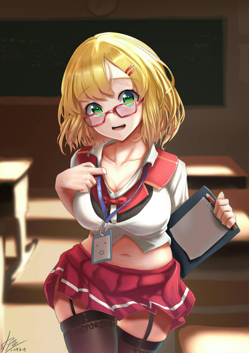 blonde_hair blush breasts classroom collarbone female glasses greyfish13 hair_ornament hairclip highres indoors large_breasts looking_at_viewer midriff navel open_mouth original pencil pleated_skirt plump red_skirt school_uniform shirt short_sleeves skirt solo thighhighs thighs uniform walking white_shirt zettai_ryouiki