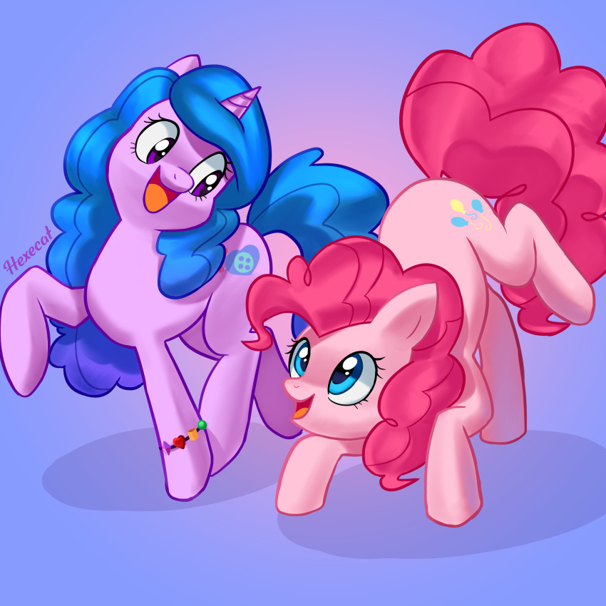 1:1 absurd_res action_pose blue_eyes blue_hair bracelet cutie_mark duo earth_pony equid equine female feral friendship_is_magic fur hair hasbro hexecat hi_res horn horse izzy_moonbow_(mlp) jewelry mammal mlp_g5 my_little_pony mythological_creature mythological_equine mythology open_mouth open_smile pink_body pink_fur pink_hair pinkie_pie_(mlp) pony pose purple_body purple_eyes purple_fur simple_background smile unicorn