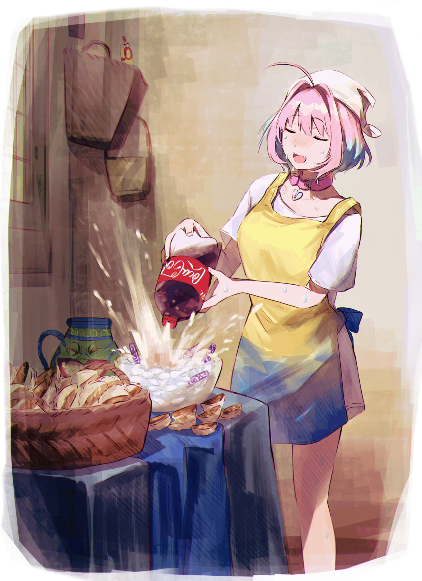 ahoge apron basket blue_hair bottle bowl closed_eyes coca-cola collar commentary diet_coke_and_mentos_(meme) duel_monster dumpling female fine_art_parody food hamachamu head_scarf heart-shaped_lock highres holding holding_bottle idolmaster idolmaster_cinderella_girls indoors jiaozi meme mentos multicolored_hair oerba_yun_fang open_mouth parody pink_hair pot_of_greed rubber_chicken shirt short_hair short_sleeves soda soda_bottle solo standing sweat the_milkmaid two-tone_hair white_shirt window yu-gi-oh! yumemi_riamu