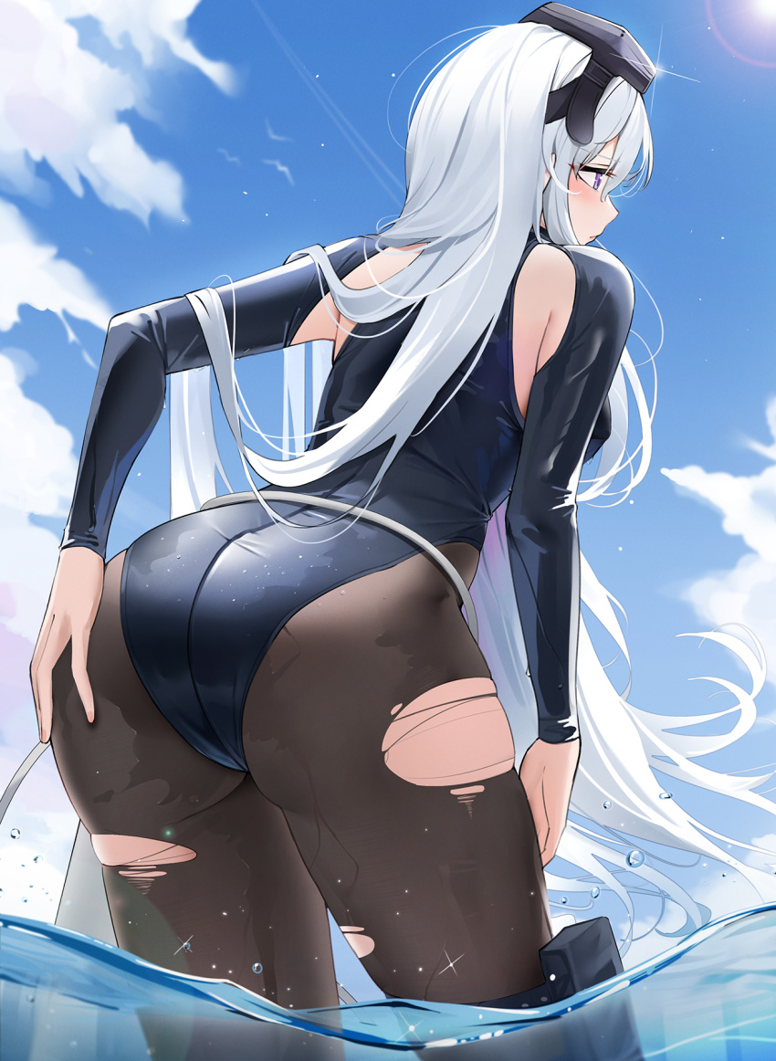 ass azur_lane black_leotard black_wetsuit blue_sky bodysuit breasts cloud day diving_suit enterprise_(azur_lane) enterprise_(diving_under_blue_skies)_(azur_lane) female from_behind goggles goggles_on_head hand_on_own_ass highres holster leotard long_hair long_sleeves looking_ahead official_alternate_costume outdoors pantyhose purple_eyes qing_wu sky solo thigh_holster torn_clothes torn_pantyhose very_long_hair wading water wet wetsuit white_hair