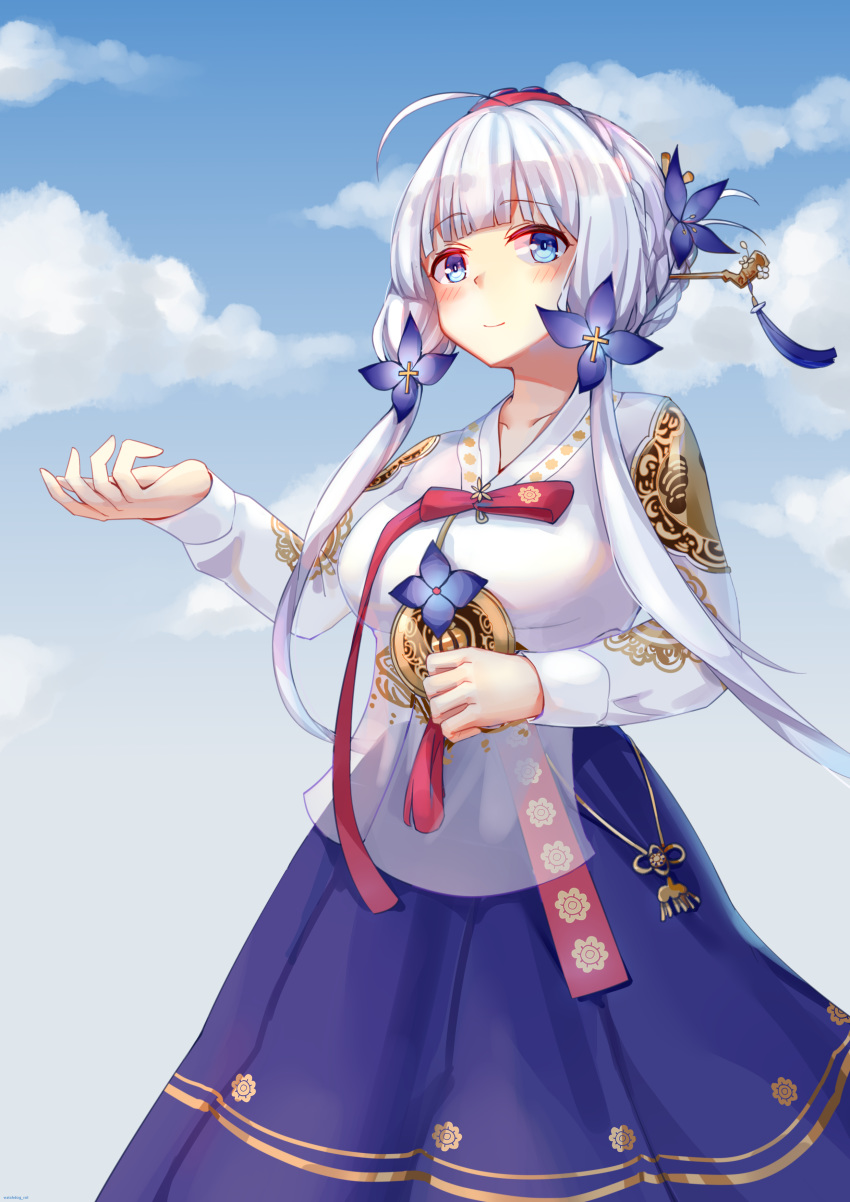 absurdres arm_up azur_lane blue_eyes blue_flower blue_skirt blue_sky blush braid breasts closed_mouth crown_braid female flower gradient_sky hair_flower hair_ornament hair_ribbon hanbok highres illustrious_(azur_lane) illustrious_(resplendent_hibiscus)_(azur_lane) korean_clothes large_breasts long_hair long_skirt long_sleeves looking_at_viewer official_alternate_costume ribbon skirt sky smile solo watchdog_rol_(y1104280730) wide_sleeves