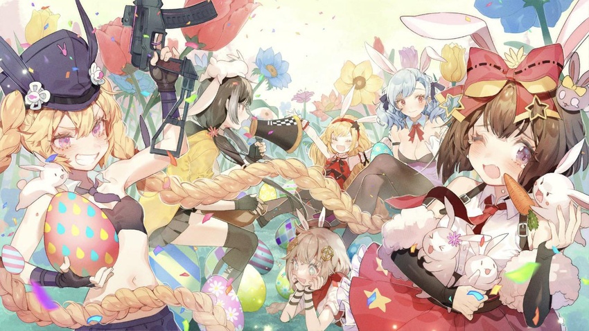 6+girls animal animal_ears animal_on_head assault_rifle bad_link breasts carrot cleavage easter easter_egg egg flower fnc_(girls'_frontline) girls'_frontline gun hair_ornament holding holding_gun holding_weapon m99_(girls'_frontline) m9_(girls'_frontline) megaphone multiple_girls official_alternate_costume official_art on_head playboy_bunny rabbit rabbit_ears rifle ro635_(girls'_frontline) rose spas-12_(girls'_frontline) sr-3mp sr-3mp_(girls'_frontline) weapon