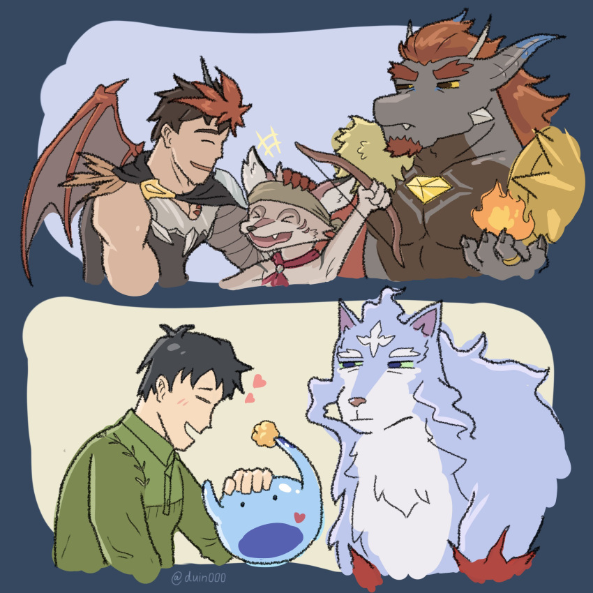 1:1 absurd_res amorey anothereidos_of_dragon_vein_r anthro barboros_(anothereidos_r) bow_(weapon) campfire_cooking_in_another_world_with_my_absurd_skill canid canine canis dragon duin000 fel_(fenrir) fire food gaia_(anothereidos_r) gem glare goo_creature group grumpy hair half-dragon happy heart_symbol hi_res human hybrid japanese_kobold male male/male mammal mukoda_tsuyoshi mythological_creature mythological_scalie mythology ranged_weapon red_hair scalie slime smiling_at_another sui_(slime) trio weapon wolf