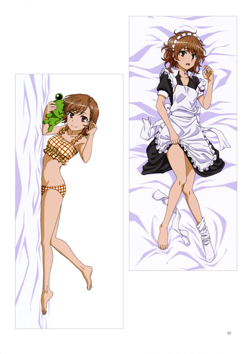 2girls absurdres adjusting_hair alternate_costume apron bare_legs barefoot bed_sheet bikini black_shirt brown_eyes brown_hair closed_mouth collarbone collared_shirt dakimakura_(medium) enmaided from_above from_side full_body gekota highres looking_at_viewer lying maid maid_headdress medium_hair misaka_mikoto multiple_girls multiple_views neck_ribbon on_back on_stomach open_mouth page_number plaid plaid_bikini red_ribbon ribbon sakamoto_tetsuya shirt short_sleeves smile stuffed_animal stuffed_frog stuffed_toy swimsuit toaru_kagaku_no_railgun toaru_kagaku_no_railgun_t toaru_majutsu_no_index white_apron white_legwear wing_collar yellow_bikini