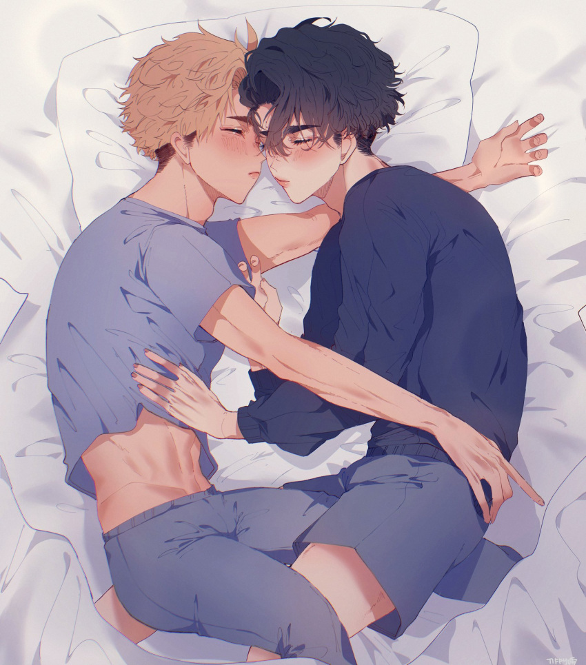 2boys bed bed_sheet black_hair blonde_hair blush closed_eyes grey_shirt grey_shorts haikyuu!! hand_on_another's_stomach highres indoors lying male_focus miya_atsumu multiple_boys on_side pillow sakusa_kiyoomi shirt short_hair shorts sleeping tiffyuumaeda under_covers yaoi