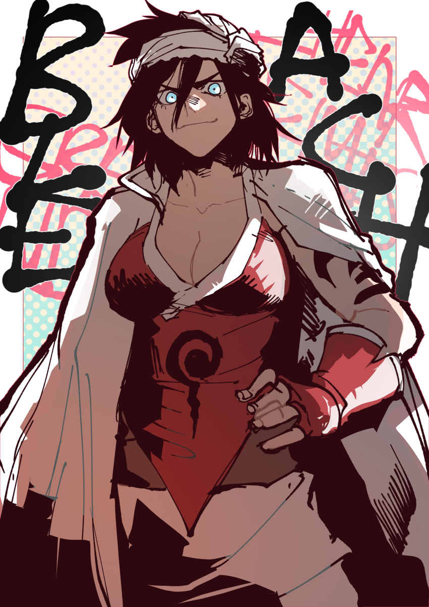 absurdres black_hoodie bleach blue_eyes border breasts cleavage copyright_name cowboy_shot female hand_on_own_hip highres hood hoodie isaacchief300 large_breasts looking_at_viewer medium_hair outside_border shiba_kuukaku smirk solo white_border