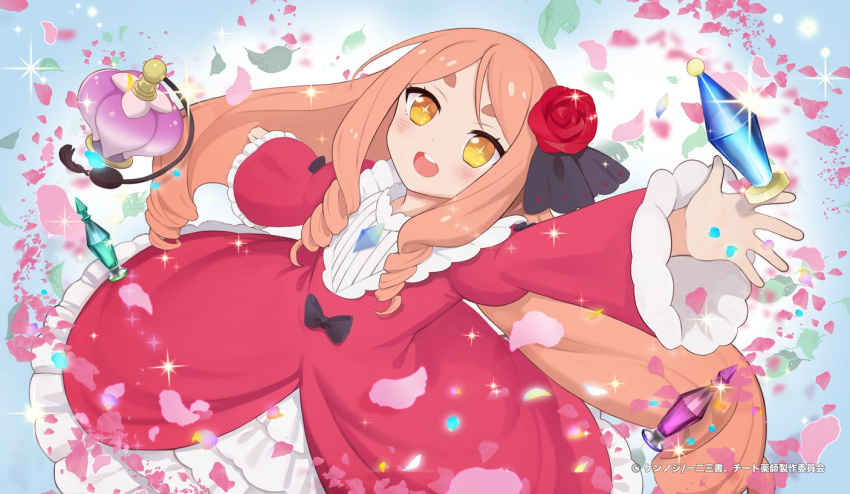 bow cheat_kusushi_no_slow_life dress drill_hair elaine_(cheat_kusushi_no_slow_life) end_card female flower frilled_dress frills hair_flower hair_ornament hairbow jewelry long_sleeves moni_(credo) necklace official_art open_clothes orange_hair potion red_dress red_flower ribbon yellow_eyes