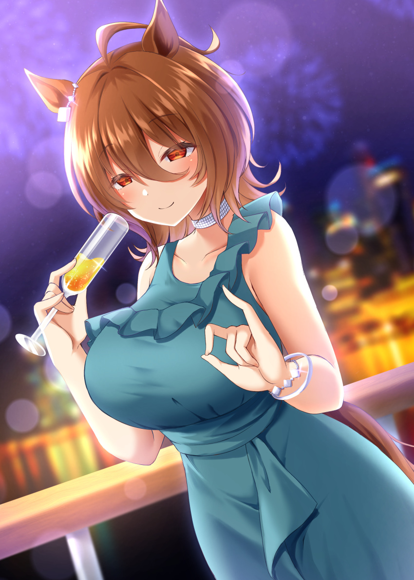 absurdres agnes_tachyon_(umamusume) alternate_breast_size alternate_costume animal_ears bad_id bad_pixiv_id blush bracelet breasts brown_hair champagne_flute commentary_request cup diamond_choker dress drinking_glass earrings female green_dress hair_between_eyes highres holding holding_cup horse_ears horse_girl horse_tail huge_breasts jewelry looking_at_viewer nonexistent_memories_(jujutsu_kaisen) red_eyes ryochapu single_earring sleeveless sleeveless_dress smile solo tail umamusume